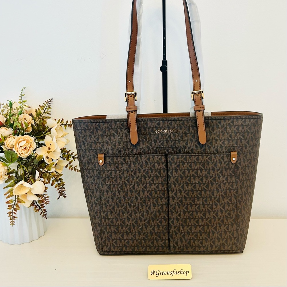 Michael Kors Jet Set Travel Tote Double Pocket Brown Signature MK